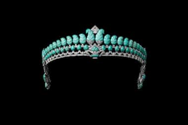 The exhibition includes this 1936 Cartier tiara, which is made of platinum, diamonds and...
