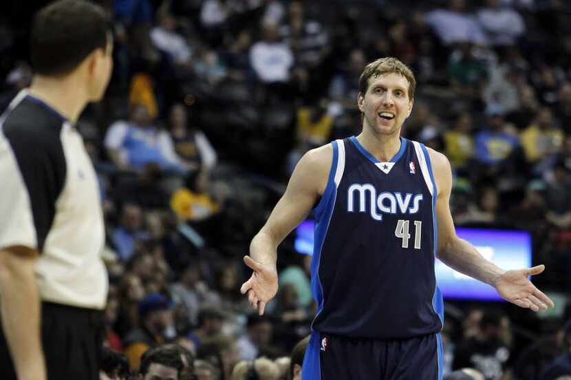 Dallas Mavericks power forward Dirk Nowitzki (41) reacts to a call in the second quarter...