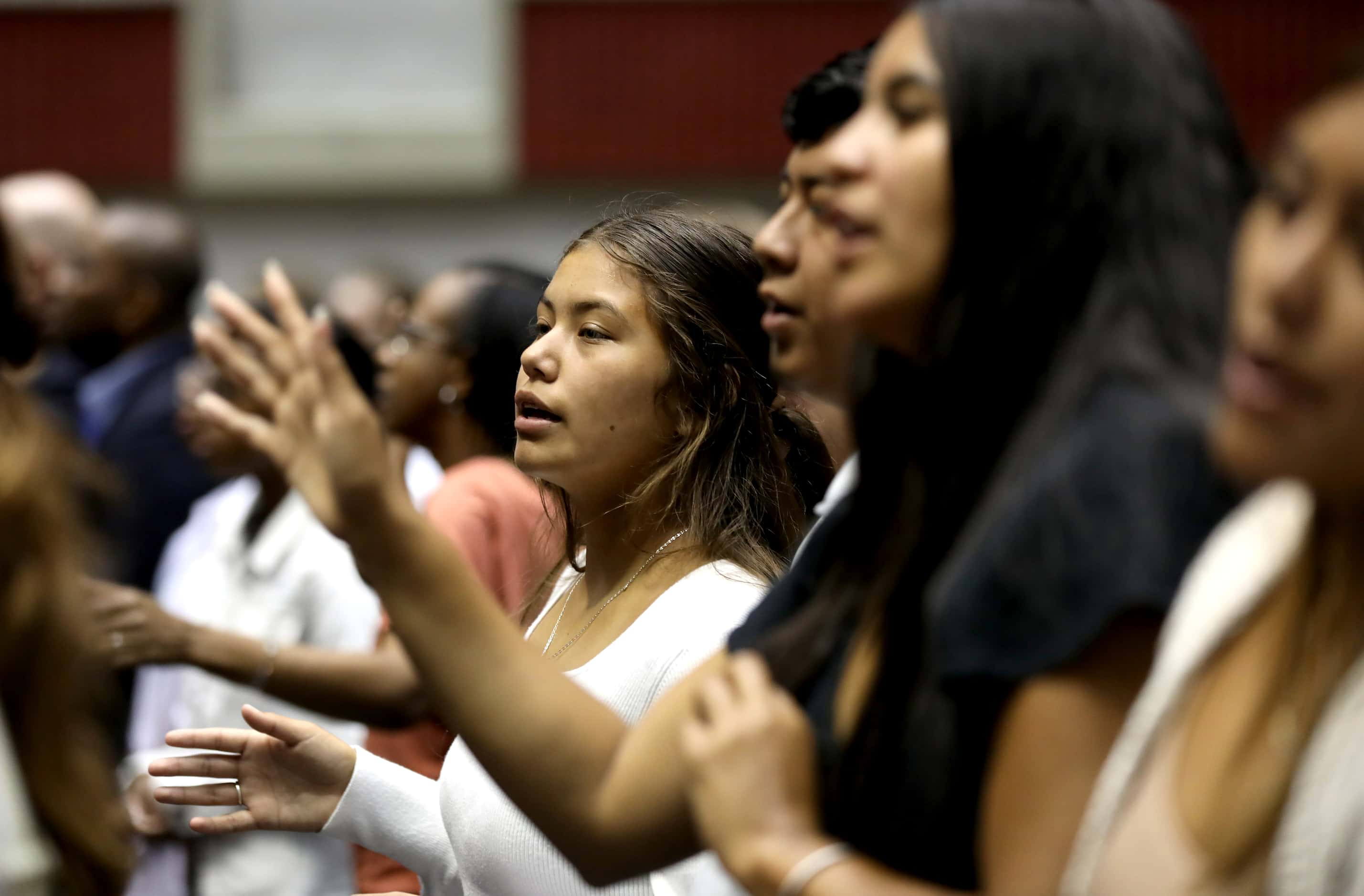 First Baptist Church members participate in Sunday service held at the Dallas Convention...