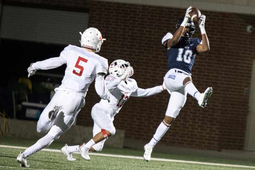 Allen wide receiver Theo Wease (10) catches a pass for a touchdown during the area round...