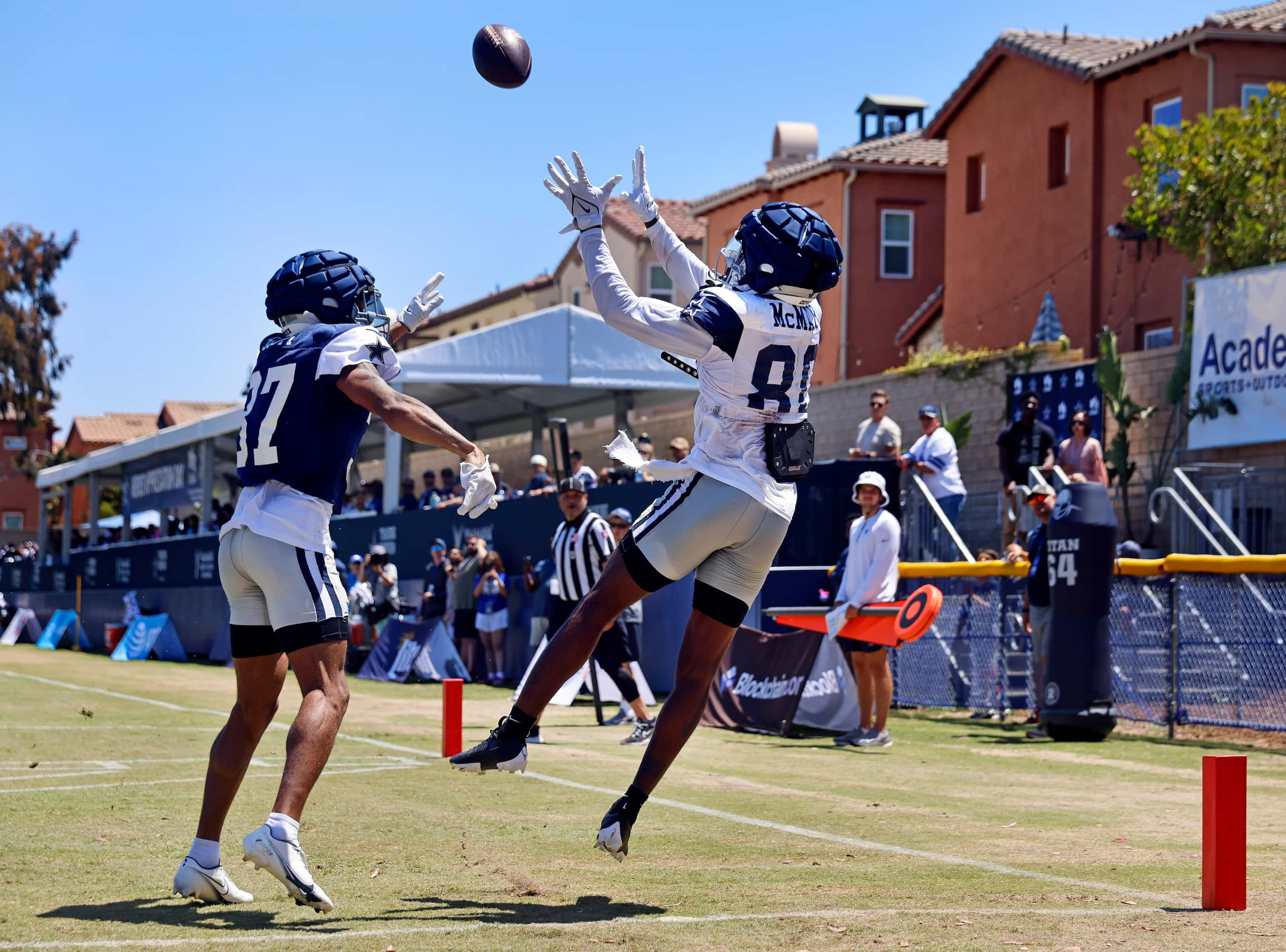 Dallas Cowboys wide receiver Racey McMath (80) goes high in the corner of the end zone to...