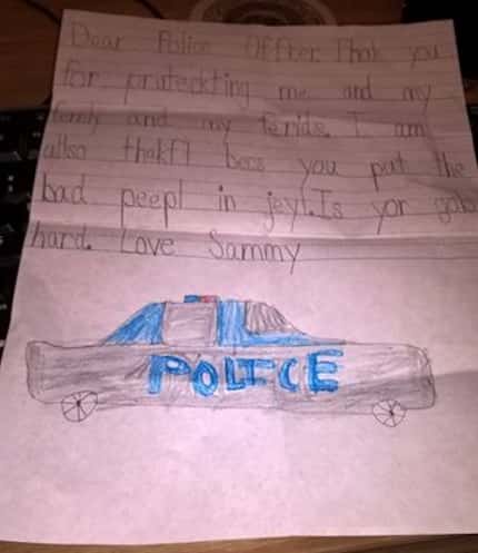 A letter written by 6-year-old Sam to the Fort Worth Police Department. 