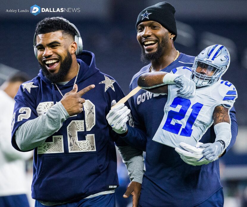 Dallas Cowboys running back Ezekiel Elliott (21) and wide receiver Dez Bryant (88) laugh at...