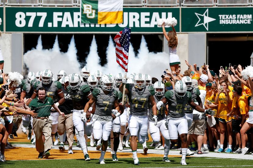 Baylor players take the field against SMU at McLane Stadium in Waco, Texas, Saturday, Sept....