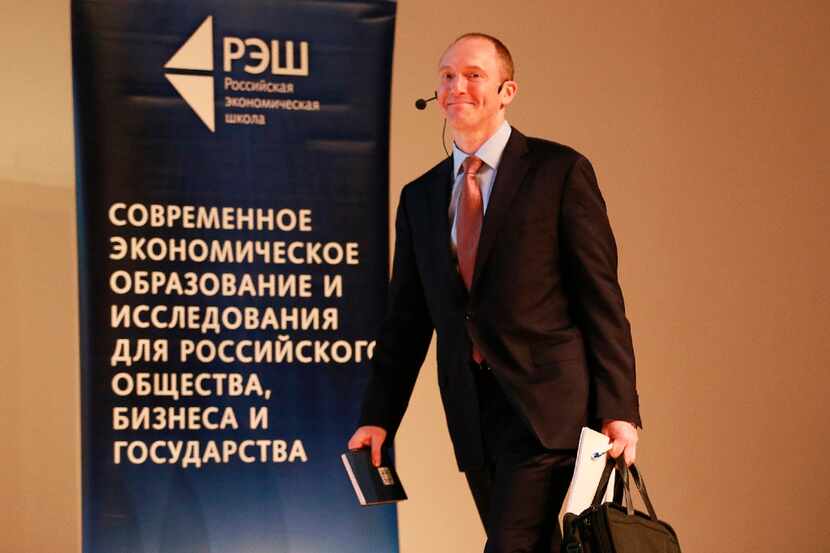 Carter Page, shown delivering a lecture in Moscow, told CNN's Jake Tapper on Sunday that he...