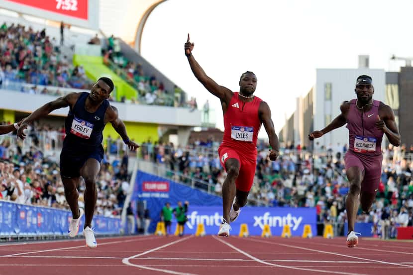 Noah Lyles celebrates after winning the men's 100-meter final during the U.S. Track and...