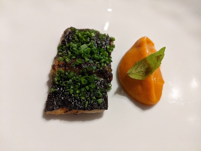 Grilled eel with lemon poppyseed gastrique, and a side of sweet potato puree at Carte Blanche.