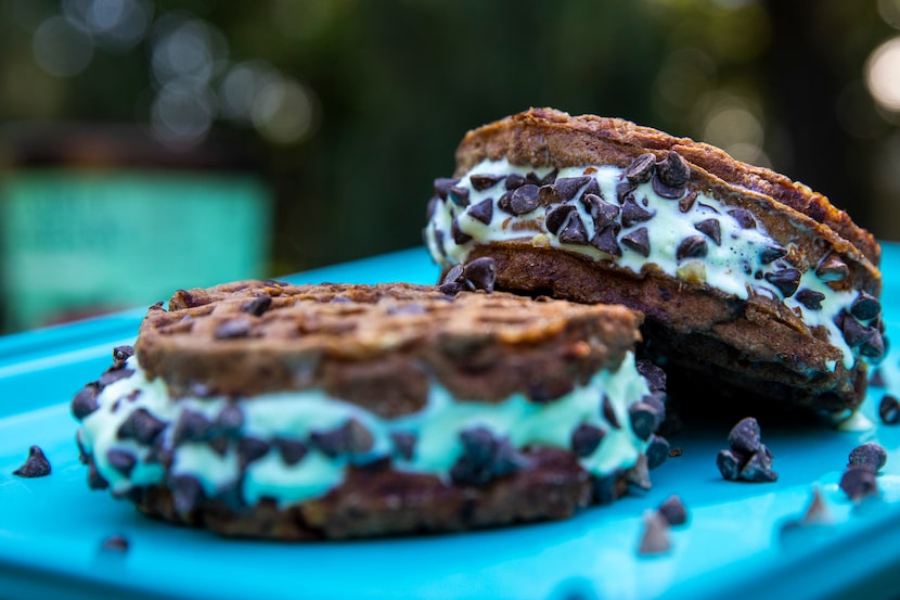 Mocha chaffles are made into ice cream sandwichs with Blue Bell pistachio almond ice cream.