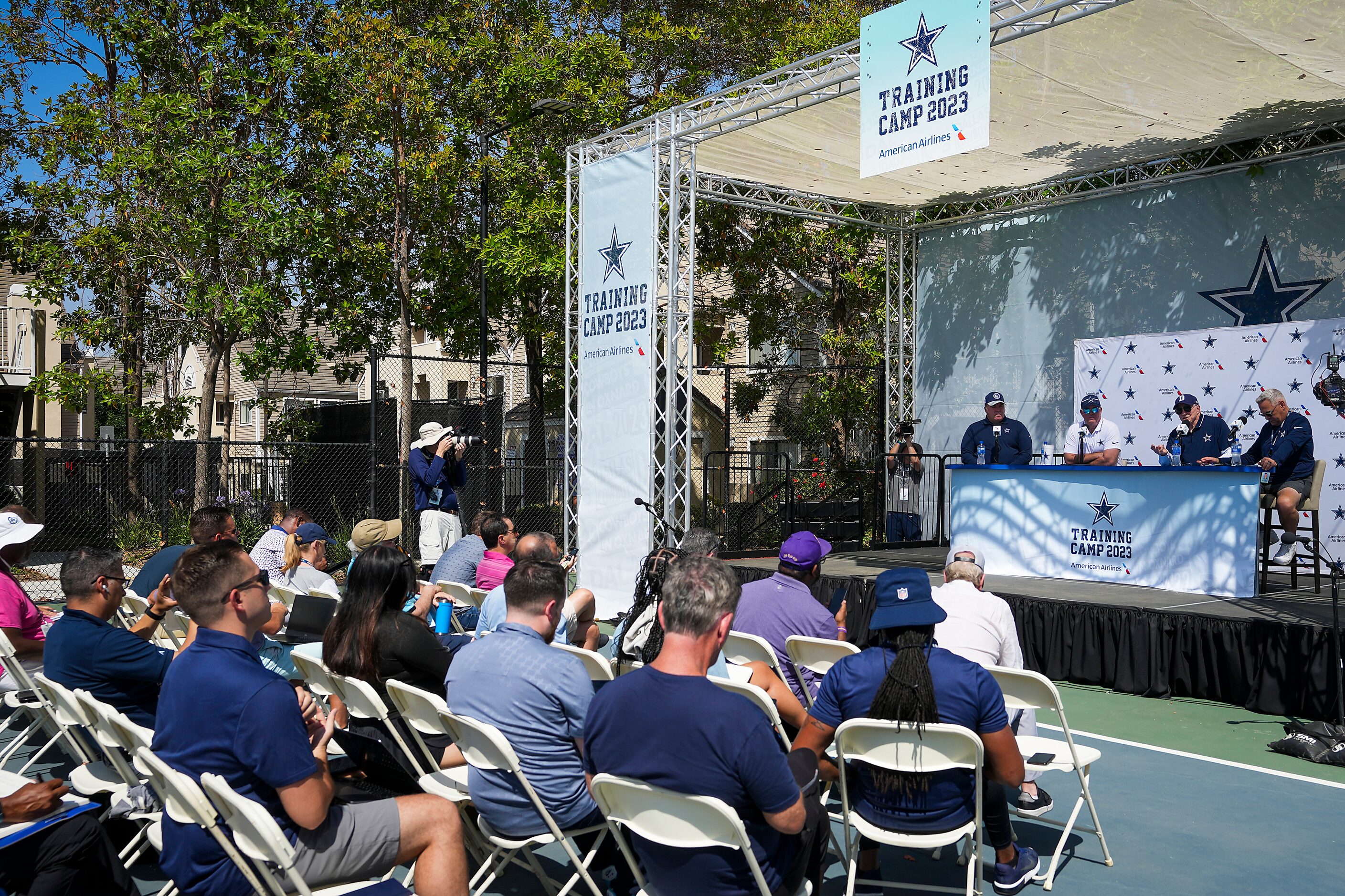 From left, Dallas Cowboys head coach Mike McCarthy, executive vice president Stephen Jones,...