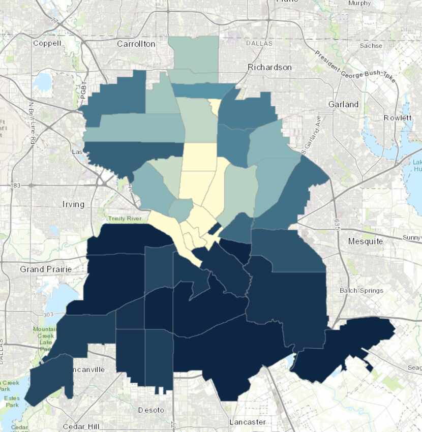 The blue areas of the City of Dallas Community Food Assessment show higher levels of obesity...