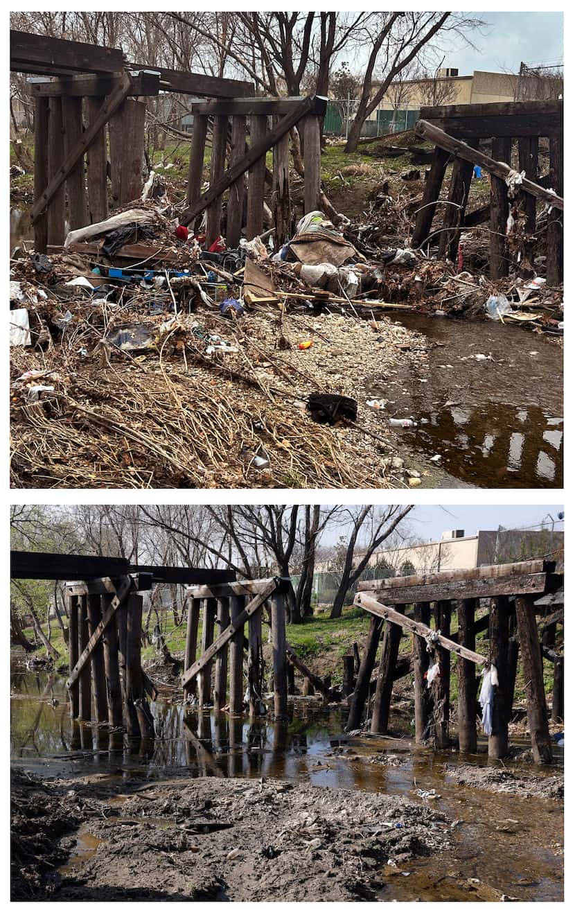 (Above) A deteriorating railroad trestle, as seen on Feb. 2, traps debris washed downstream...