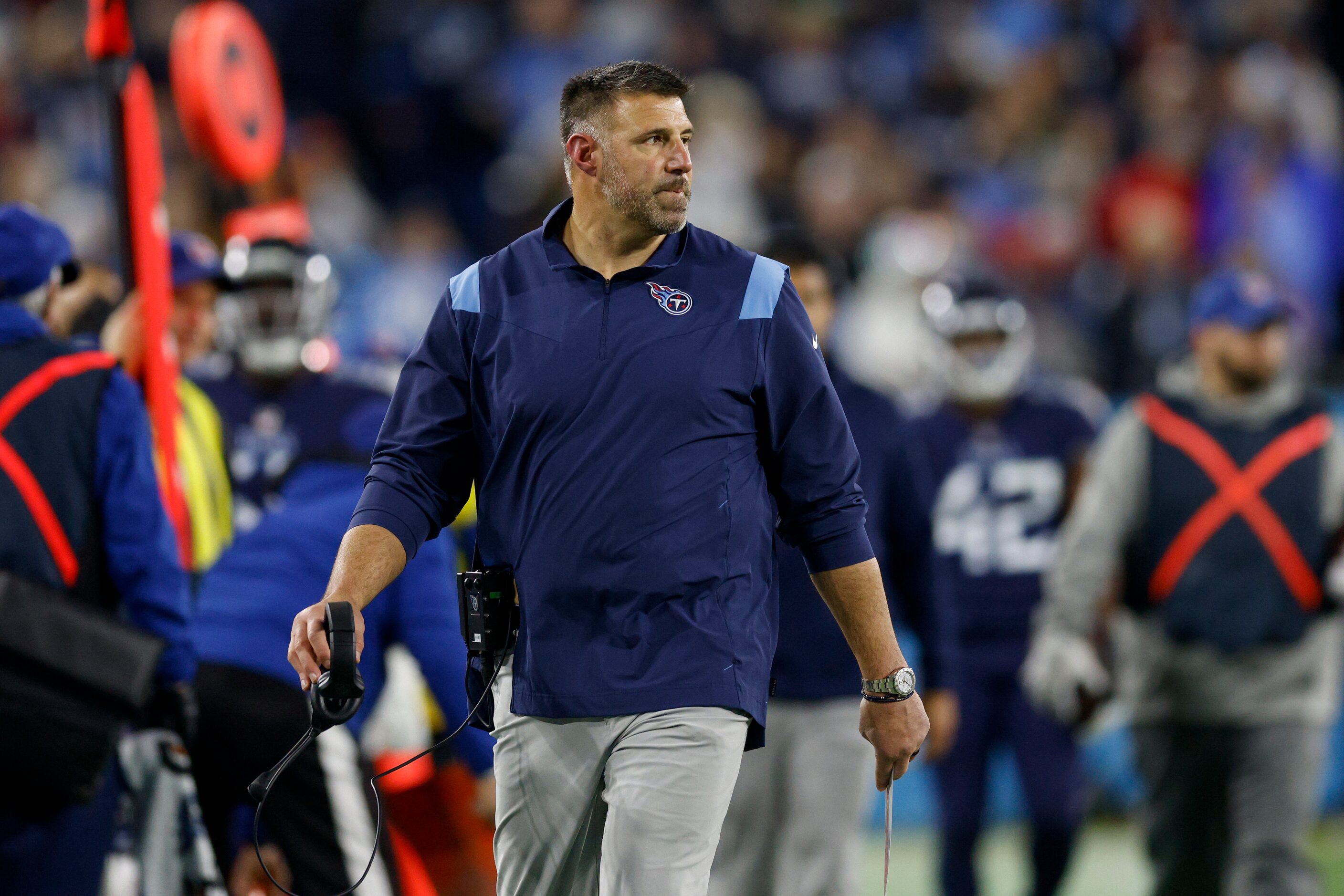 Tennessee Titans head coach Mike Vrabel walks the sideline during the second half of an NFL...