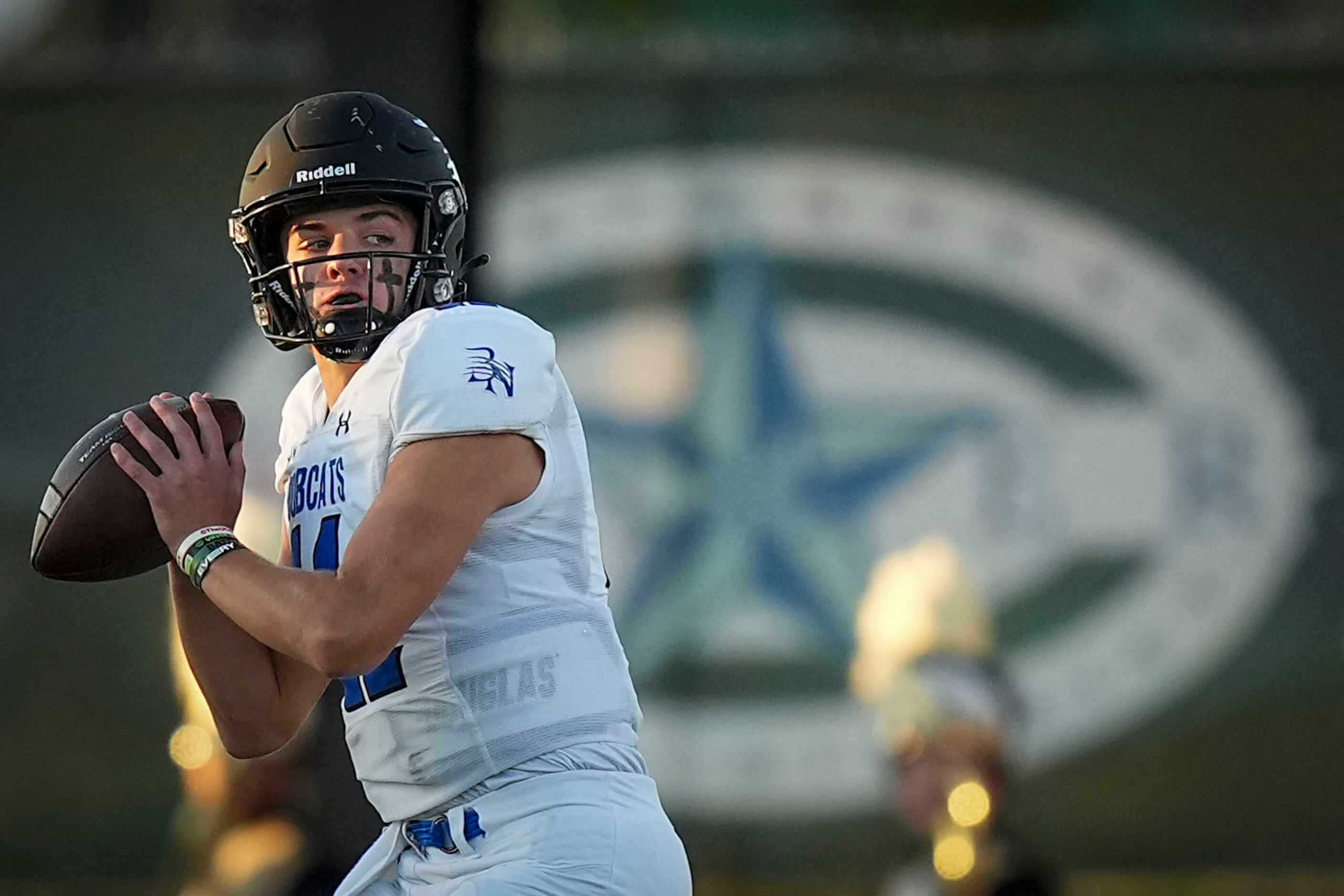 Trophy Club Byron Nelson quarterback Jake Wilson (11) throws a pass during the first half of...