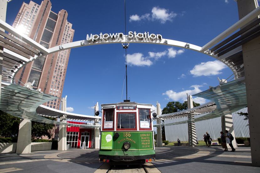 The historic Green Dragon trolley prepares to leave the Uptown Station. The McKinney Avenue...