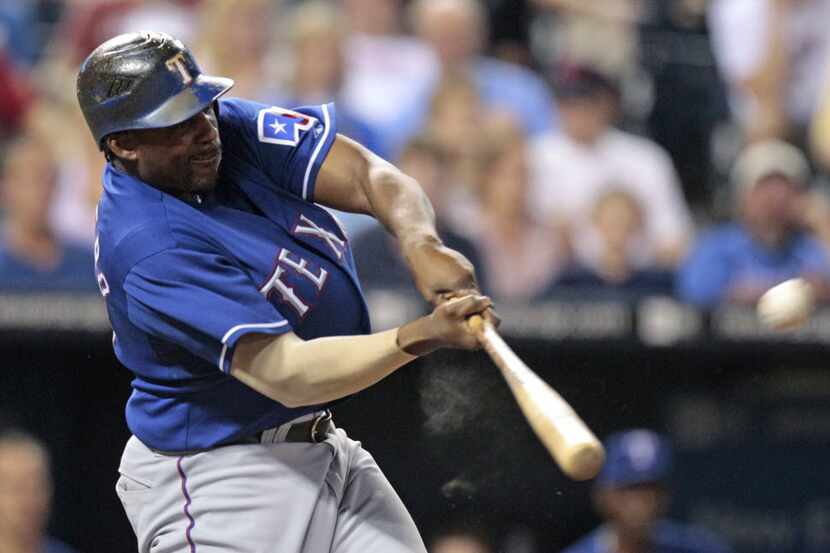 FILE - Vladimir Guerrero hits a two-run home run for the Texas Rangers during the fifth...