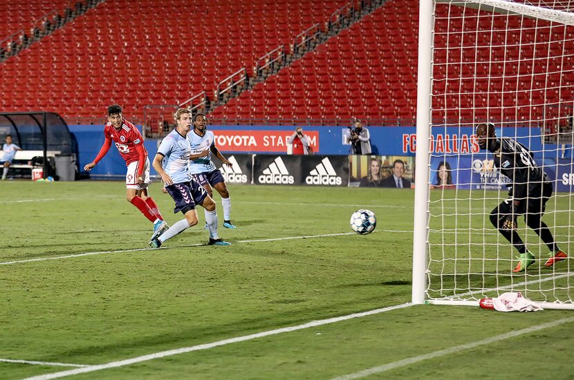 Ricardo Pepi watches his header sneak in at the back post for his second goal of the game...