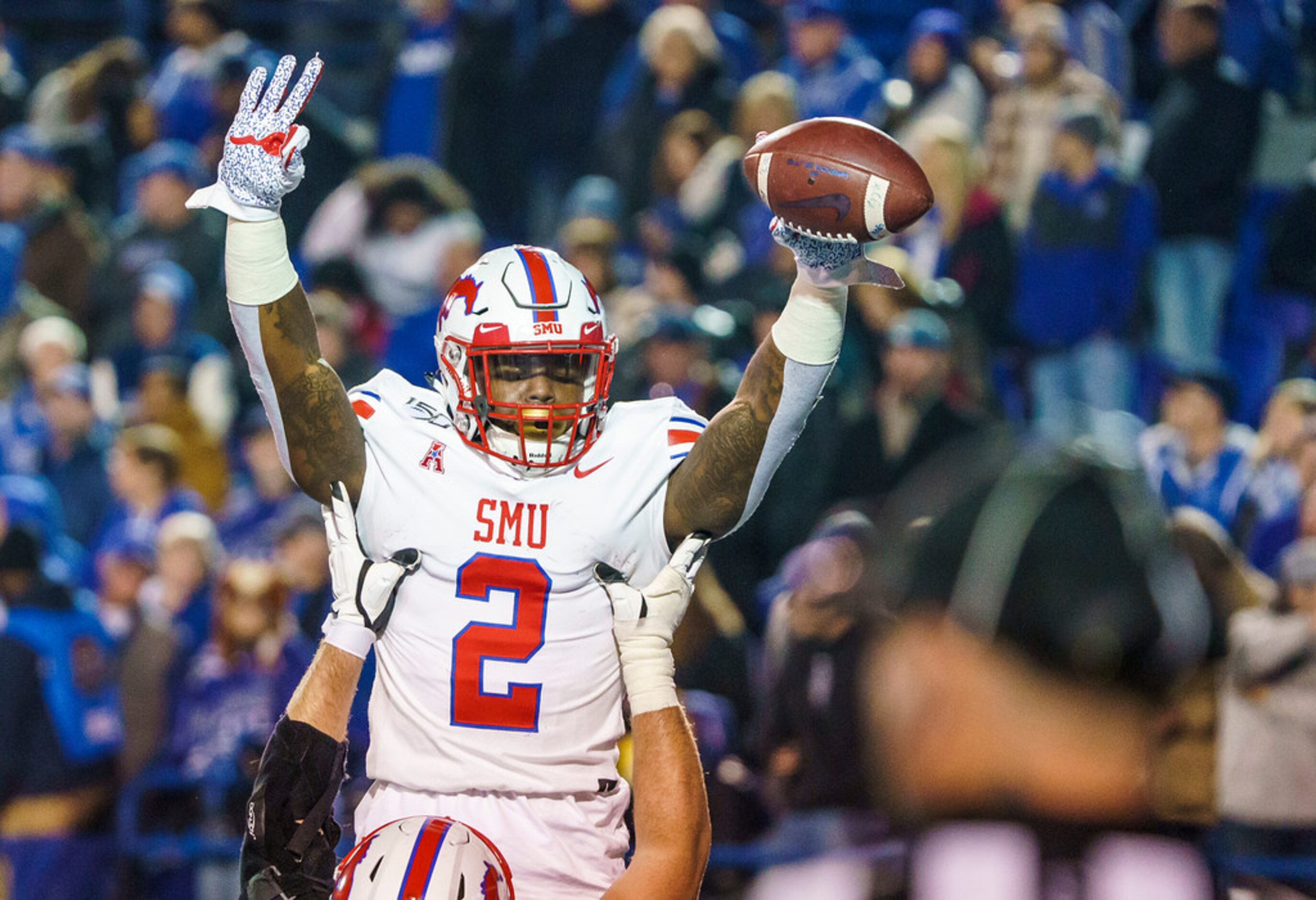 SMU running back Ke'Mon Freeman (2) celebrates after scoring on a 2-yard touchdown run...