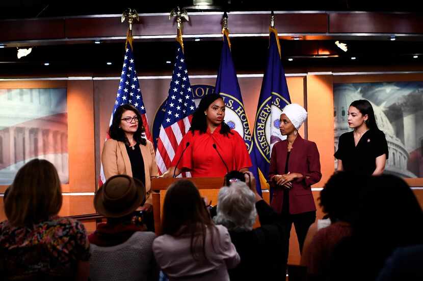 U.S. Rep. Ayanna Pressley speaks during a news conference with fellow Reps. Rashida Tlaib,...