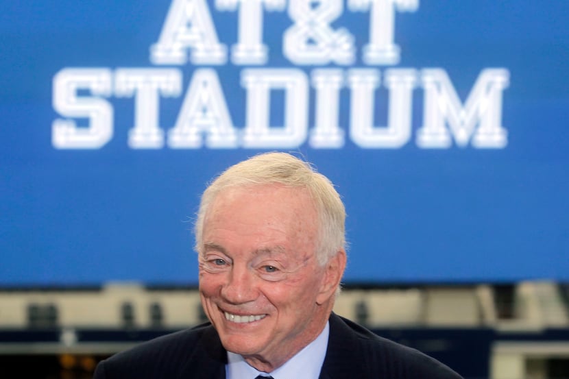 Dallas Cowboys owner Jerry Jones at AT&T Stadium for a naming rights press conference,  in...