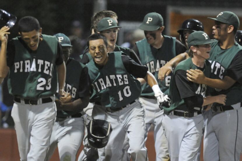 Mesquite Poteet's Javier Soltero (10) celebrates with his teammates  after his three-run...