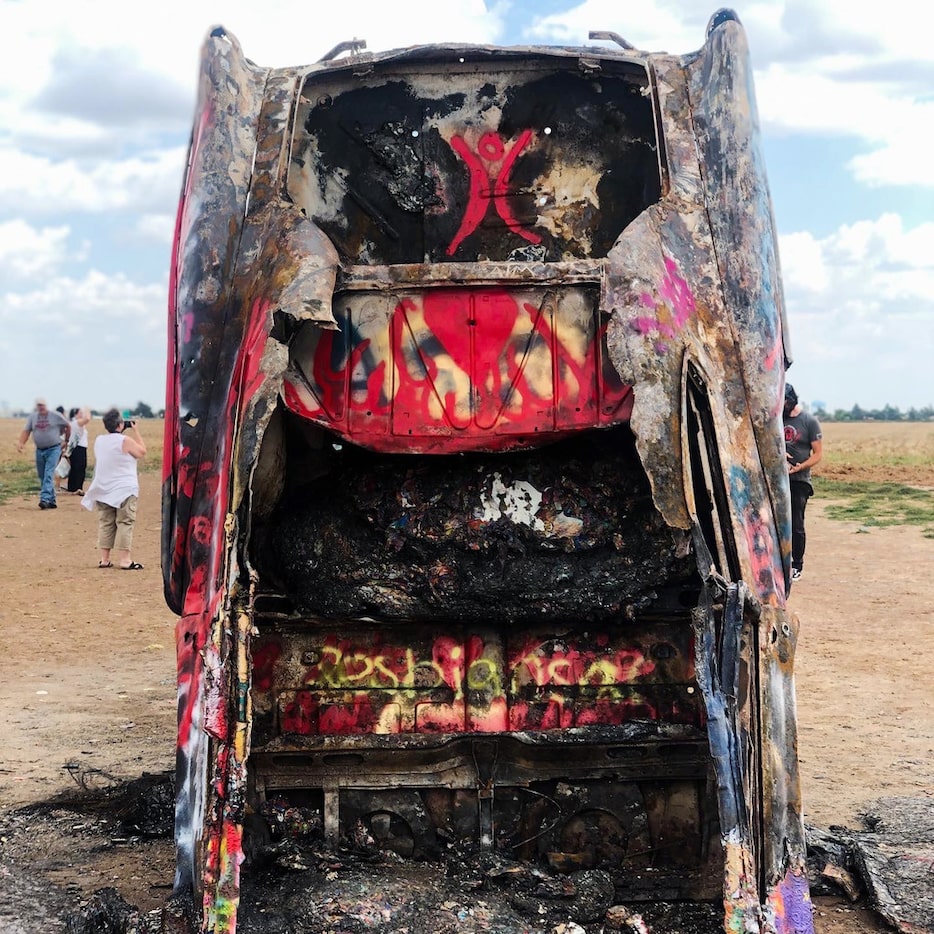 The aftermath of the fire that burned the oldest of the 10 Cadillacs at the famous Cadillac...