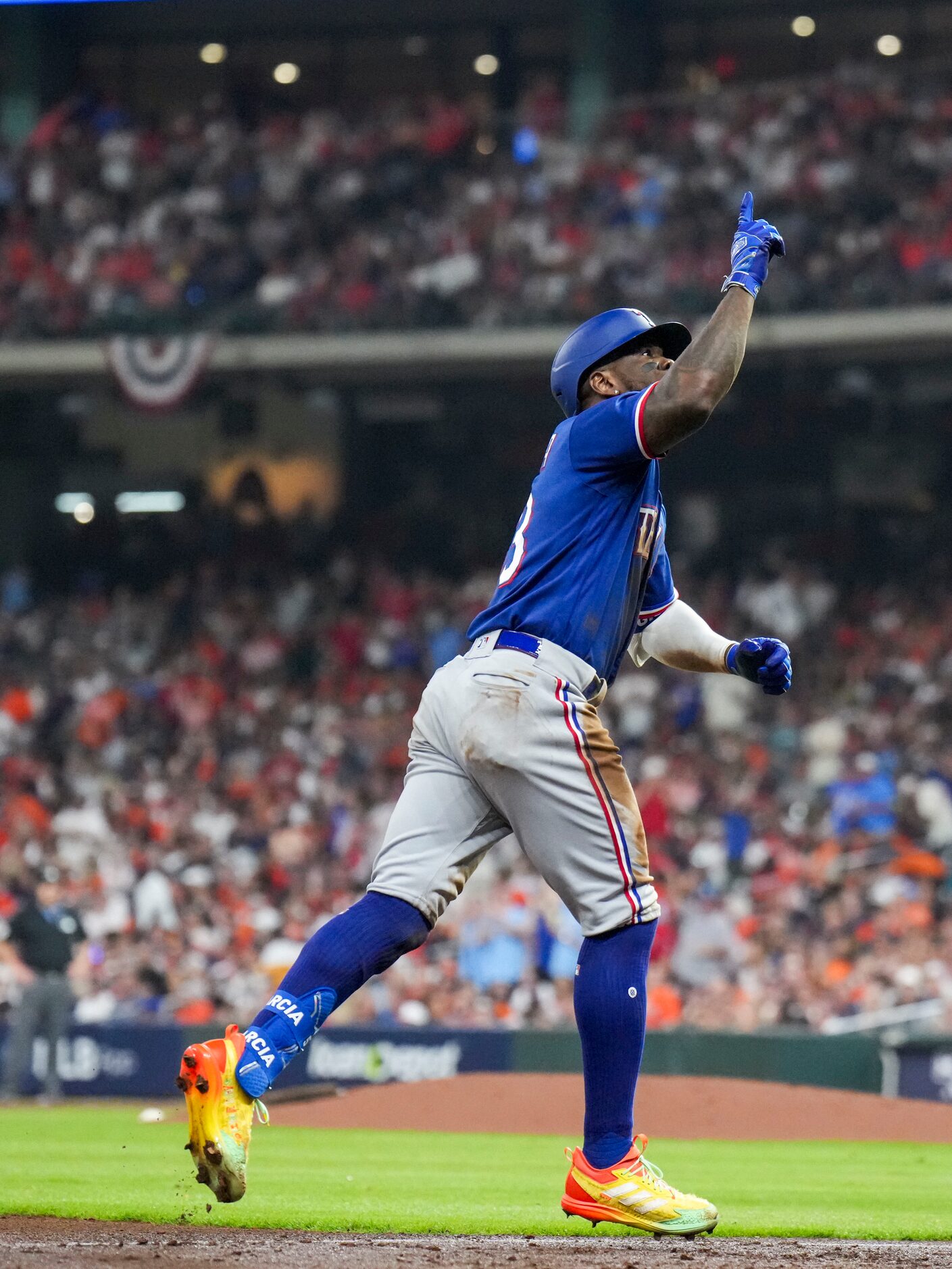 Texas Rangers right fielder Adolis Garcia (53) celebrates after hitting a home run during...