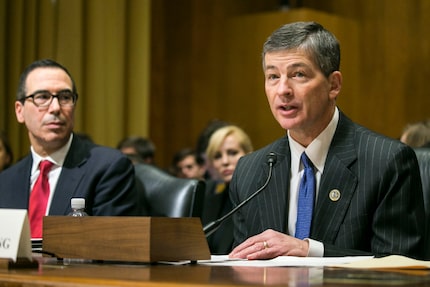 Texas Rep. Jeb Hensarling (right) with Treasury Secretary Steven Mnuchin. (Al Drago/The New...