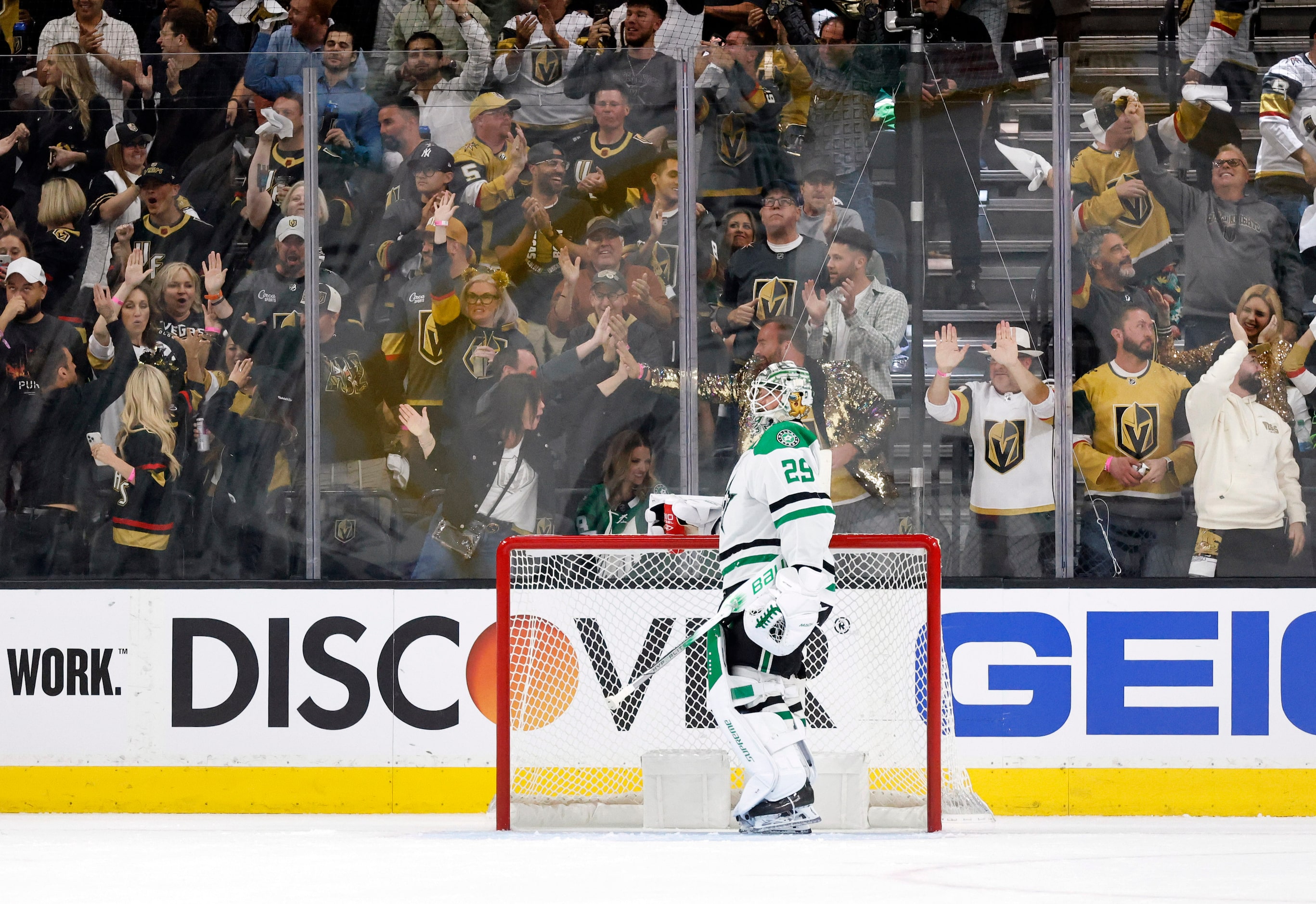 Dallas Stars goaltender Jake Oettinger (29) reacts after being scored on by the Vegas Golden...