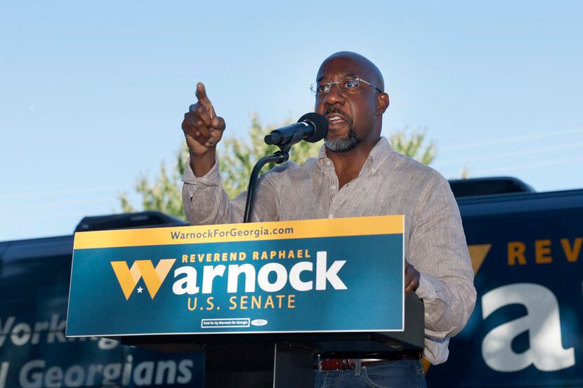 Democratic U.S. Senatorial incumbent Raphael Warnock speaks to supporters during a campaign...