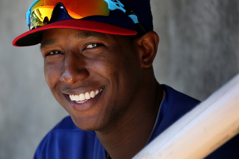 Texas infielder Jurickson Profar is pictured in the dugout during the Texas Rangers vs. the...