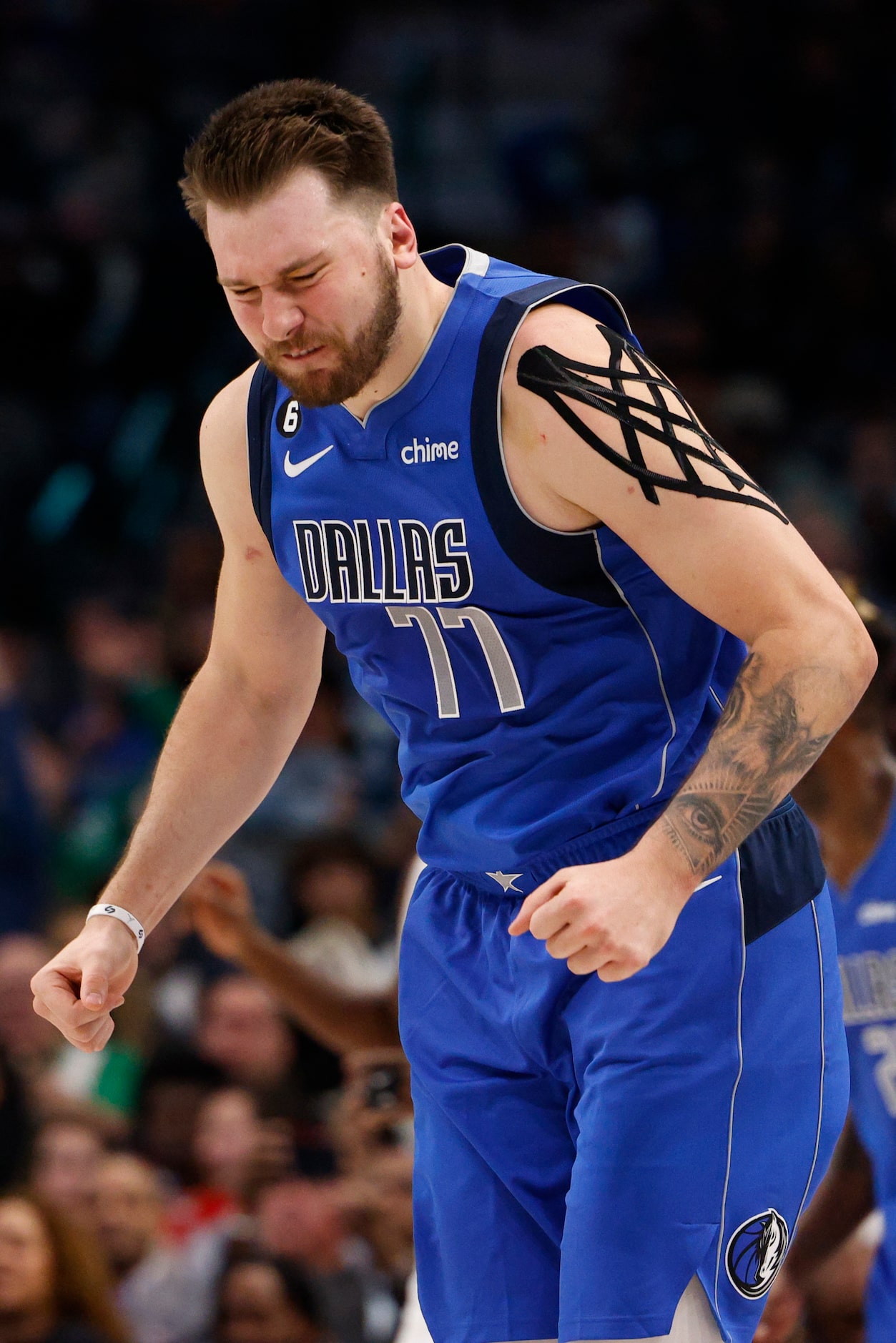 Dallas Mavericks guard Luka Doncic (77) reacts after missing a three-point shot during the...