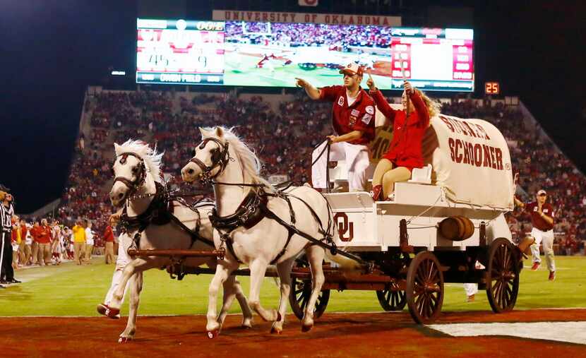 The Oklahoma Sooner Schooner runs after an Oklahoma touchdown against Iowa State during the...
