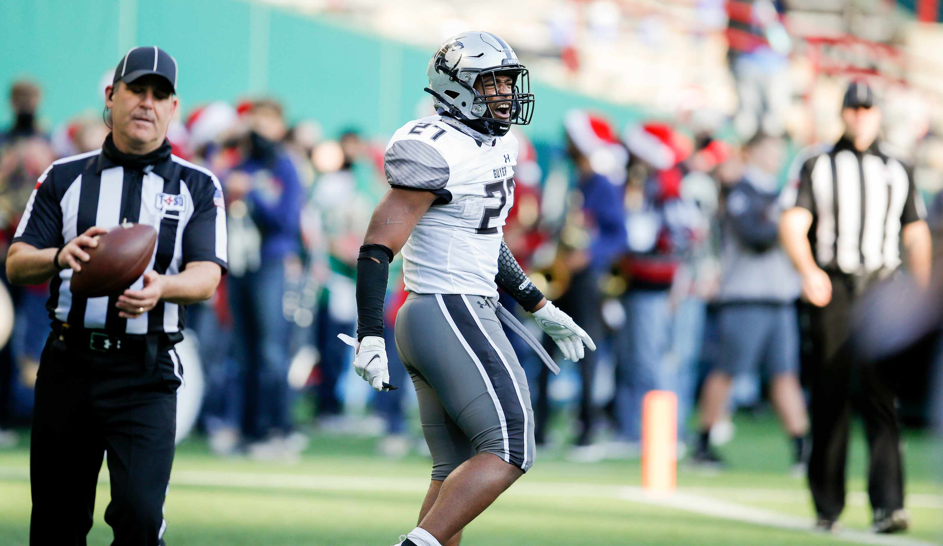 Denton Guyer junior running back Byron Phillips Jr. (27) celebrates scoring a touchdown...