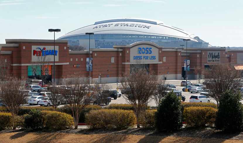AT&T Stadium behind the Lincoln Square shopping center in Arlington on Feb. 2, 2018.