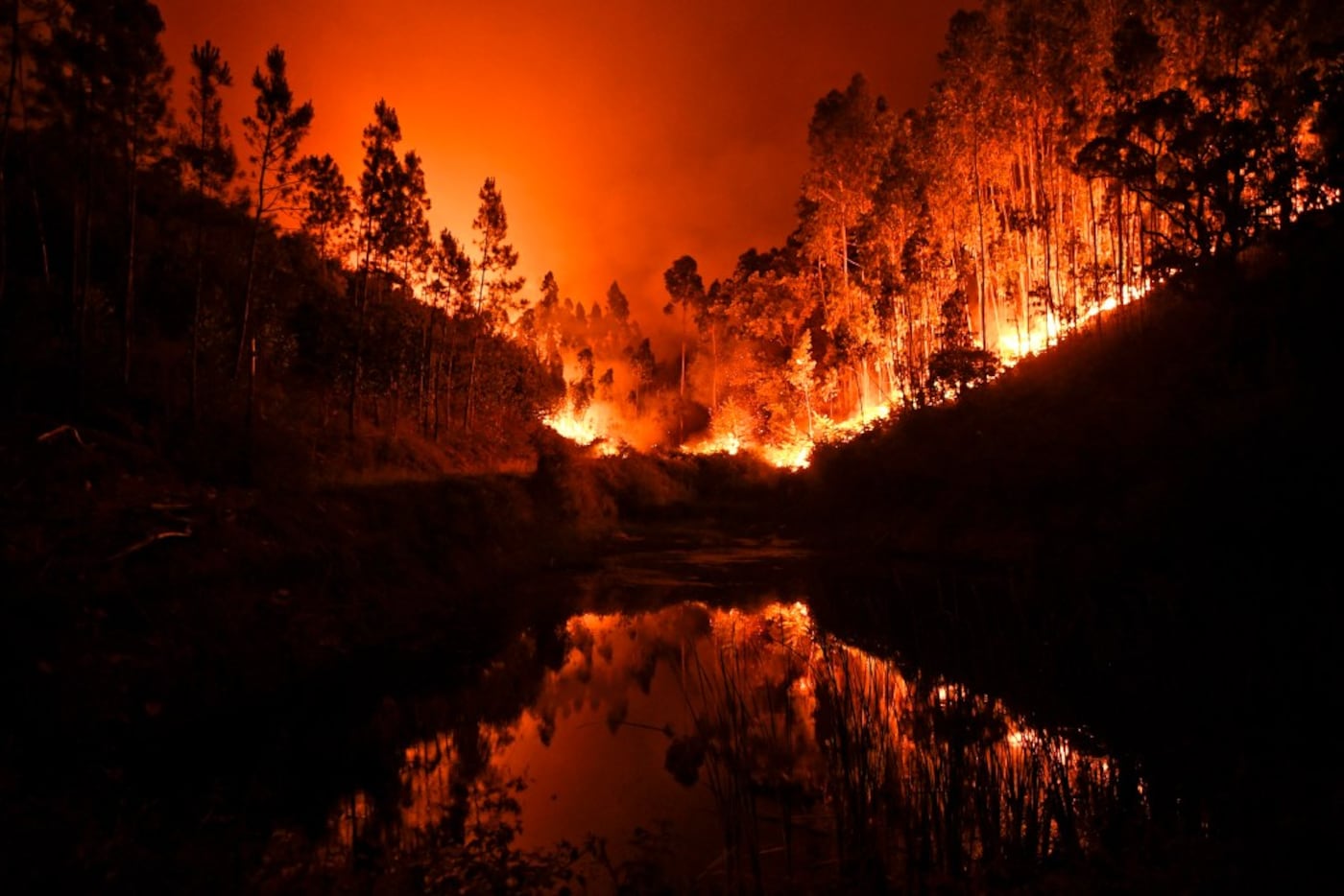A wildfire is reflected in a stream at Penela, Coimbra, central Portugal, on June 18, 2017.