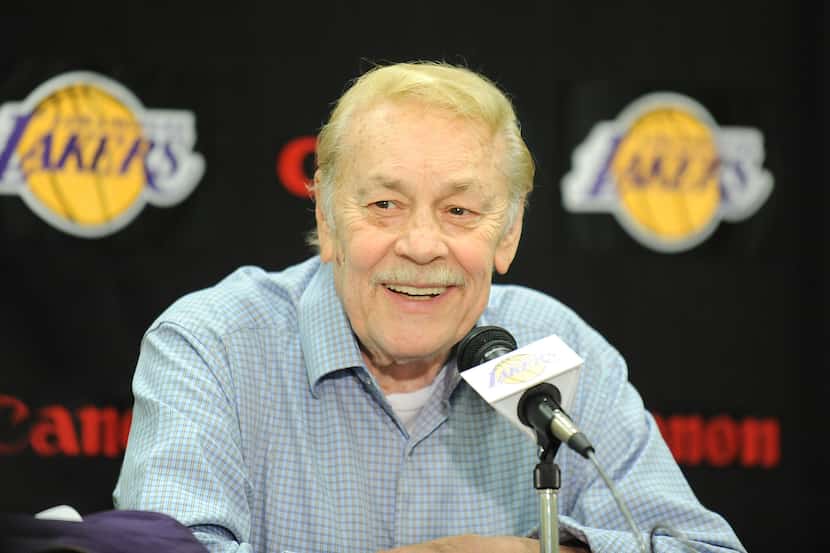 Lakers owner Jerry Buss talks to the media at the Bicycle Casino in Bell Gardens,...