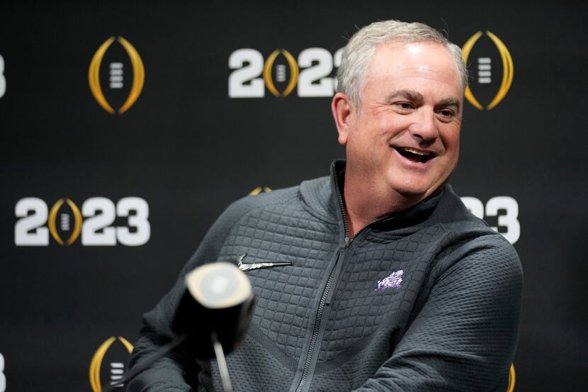 TCU head coach Sonny Dykes speaks during a media day ahead of the national championship NCAA...