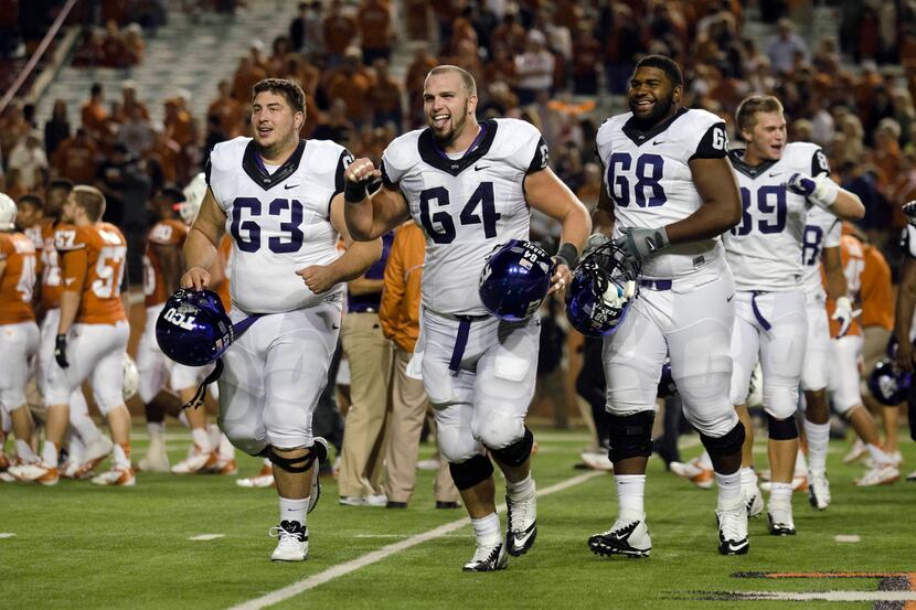 Nov 22, 2012; Austin, TX, USA; TCU Horned Frogs outside guards Justin Trejo (63) and Trevius...