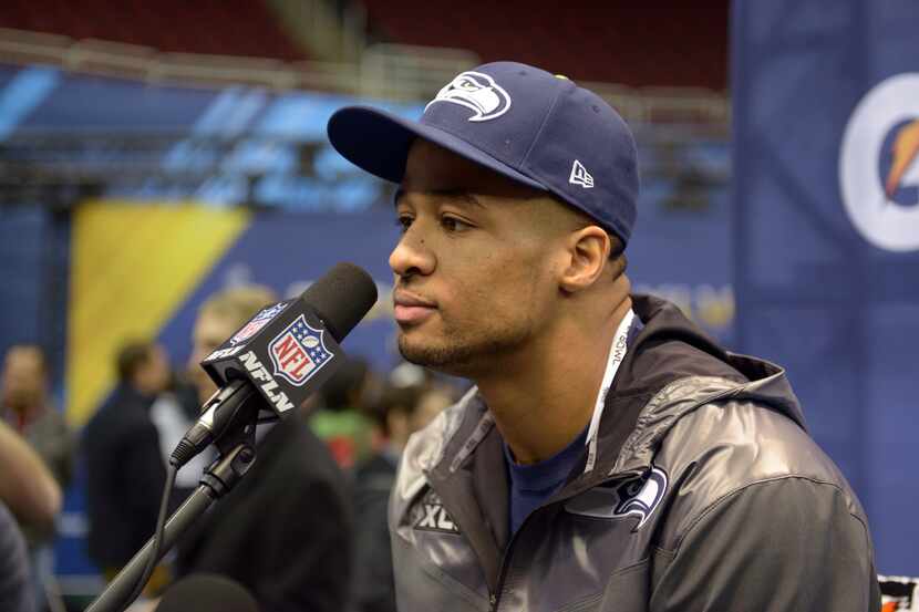 Jan 28, 2014; Newark, NJ, USA; Seattle Seahawks free safety Earl Thomas (29) is interviewed...
