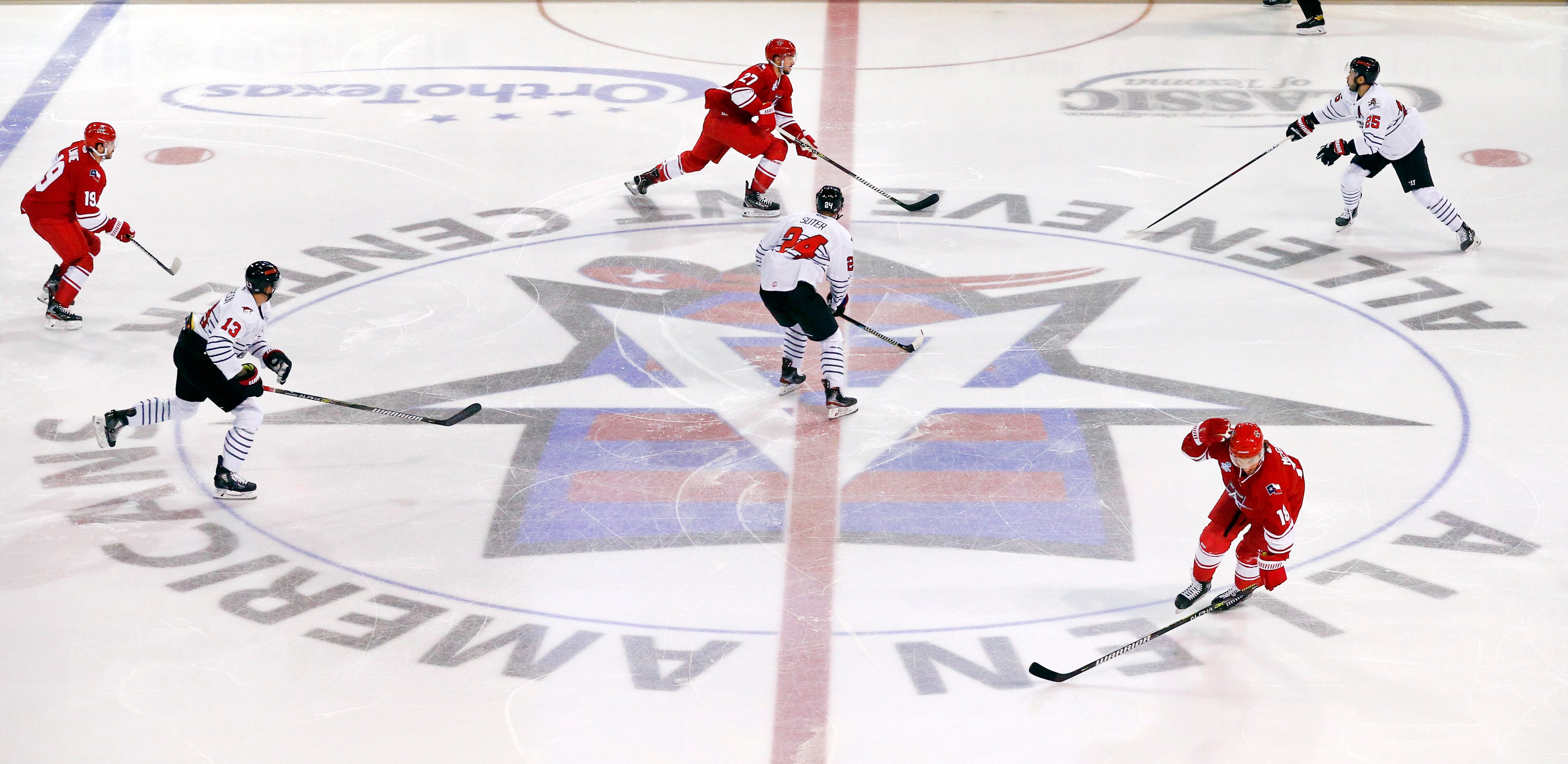 The Allen Americans and Rapid City Rush hockey players compete during the season opener at...