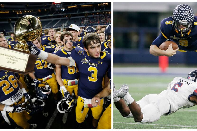 Left: Highland Park's J.T. Dooley (3) and his teammates celebrate a 31-24 win over Denton...