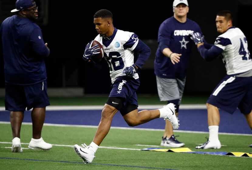 Dallas Cowboys rookie running back Tony Pollard (36) participates in drills during a NFL...