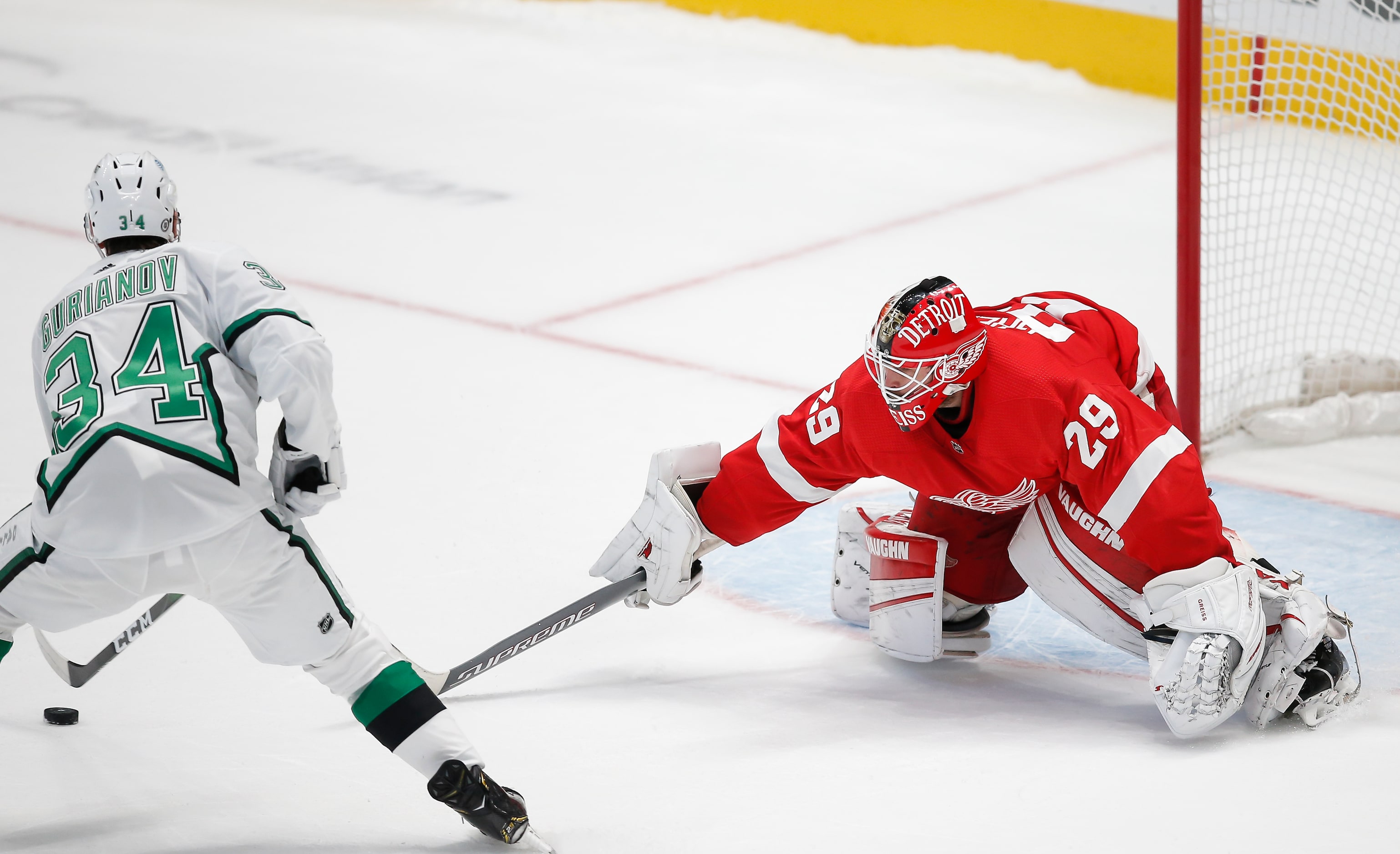 Dallas Stars forward Denis Gurianov (34) shoots the puck past Detroit Red Wings goaltender...