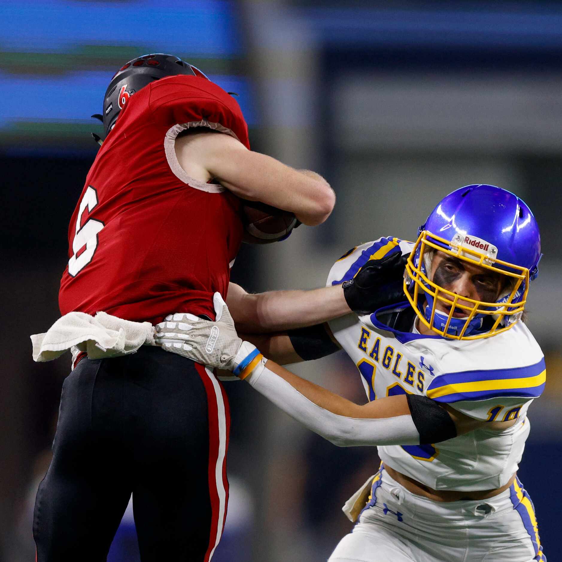 Brock wide receiver Cole Griffith (19) tackles Lorena defensive back Kasen Taylor (6) during...