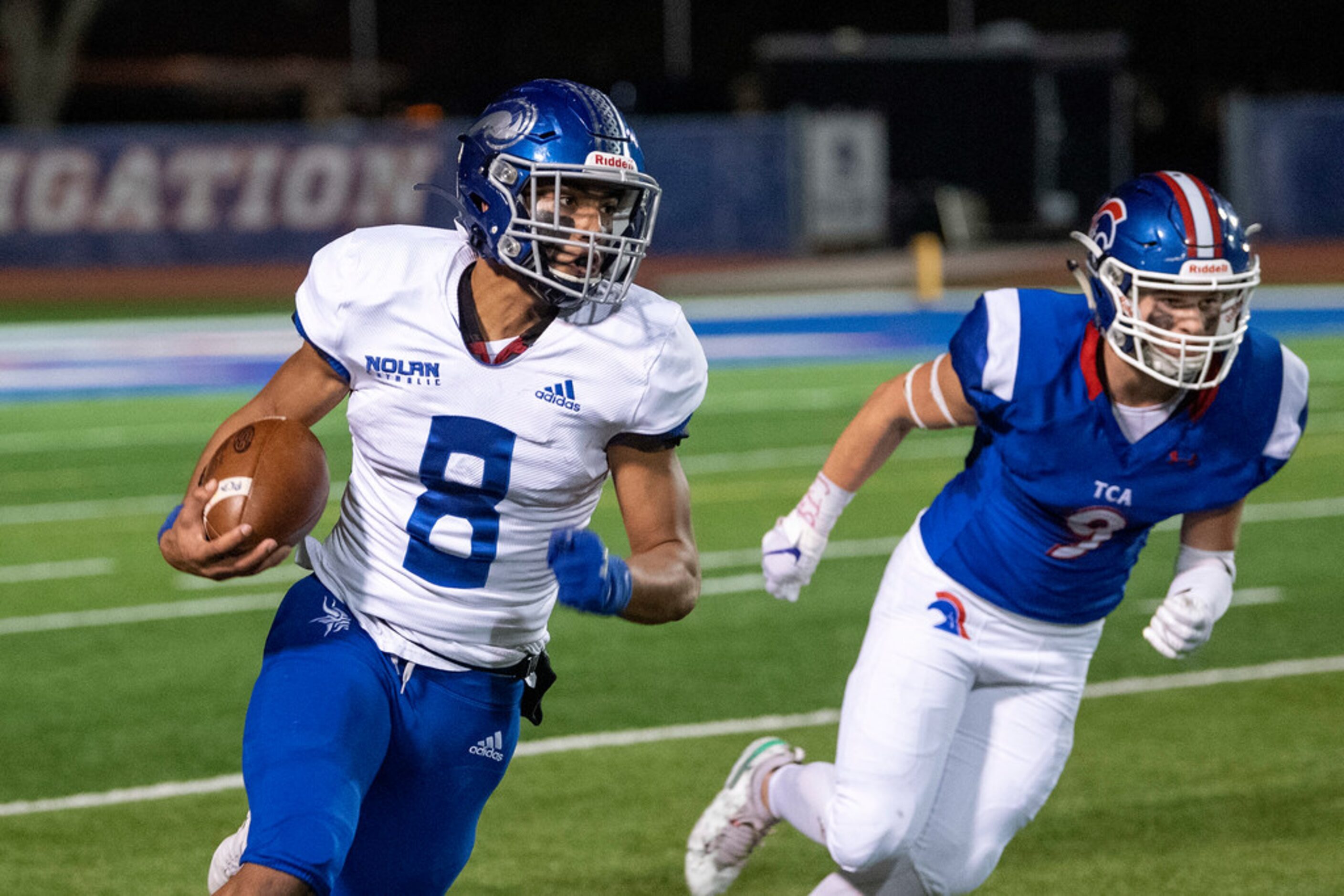 Fort Worth Nolan senior kick returner Spencer Roof (8) turns upfield past TCA-Addison junior...