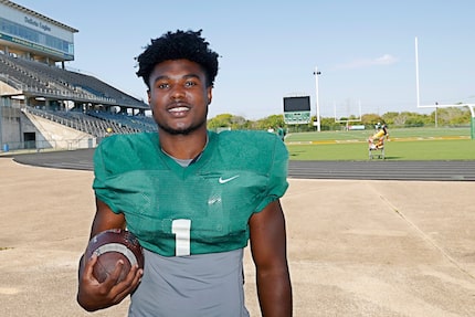 DeSoto running back Deondrae "Tiger" Riden poses for a photo at Eagle Stadium, Wednesday,...