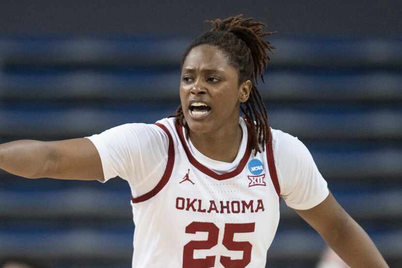 Oklahoma forward Madi Williams (25) gestures in the first half of a first-round college...