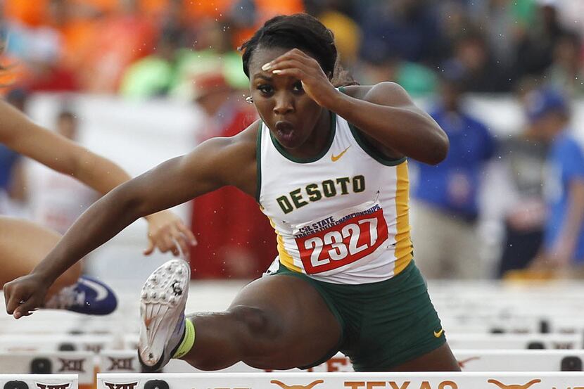 DeSoto's Alexis Duncan competes in the class 6A girls 100-meter hurdles during the UIL Track...