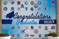A Dallas ISD sign congratulating graduates is seen after a commencement ceremony. One letter...