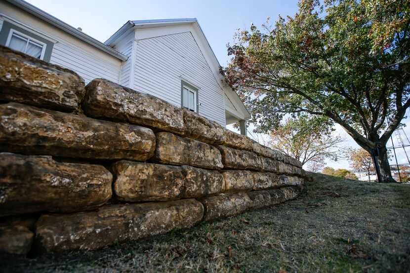 Rocks from the rock wall are on display at the Rockwall County Historical Foundation.